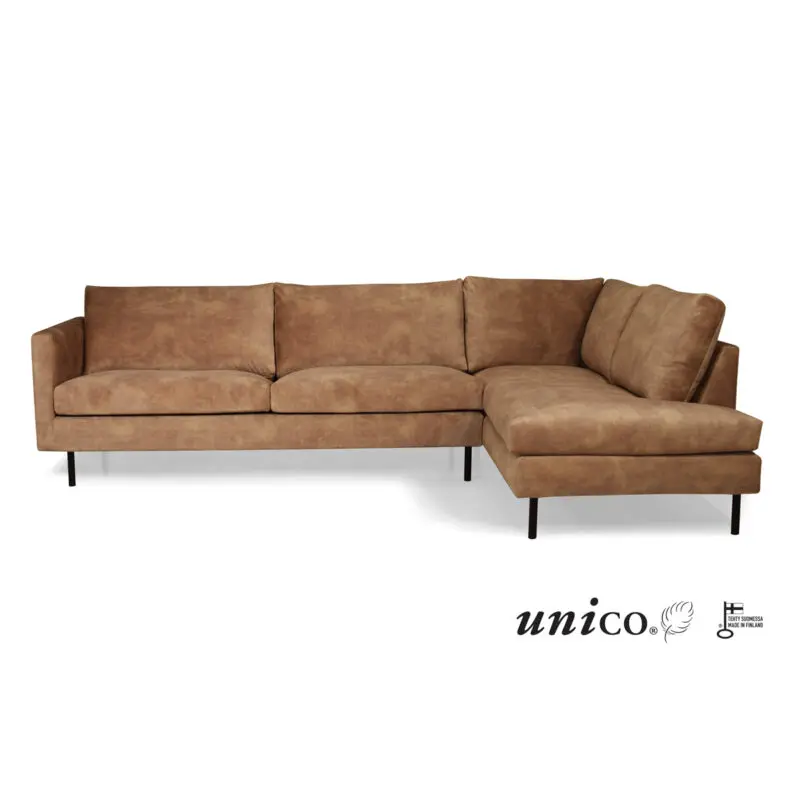 Kotimainen Unico Julia avokulmasohva oikeankätisenä ruskealla verhoilukankaalla.