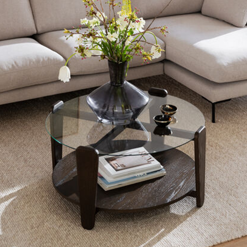 Rowico Arran sohvapöytä Ø93cm ruskea/lasikansi