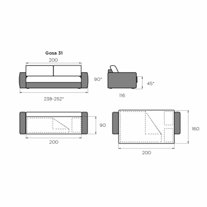 Gosa vuodesohva, vuodekoko 160x200 cm, HR1 Cremona kangas - Image 8