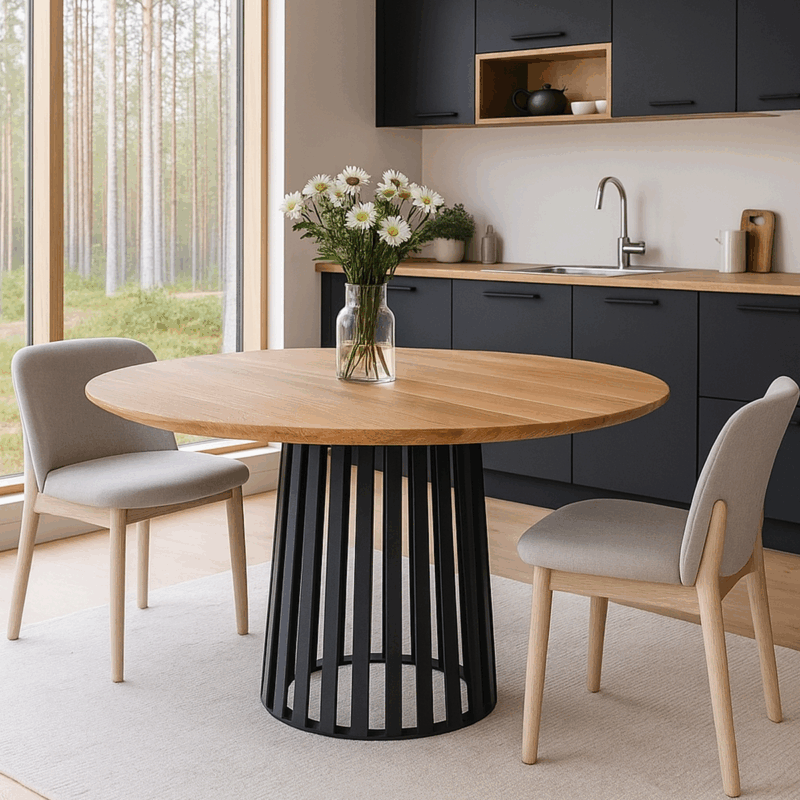 Rowcio lankkupöytä, jossa valkopesty kansi ja mustat jalat.